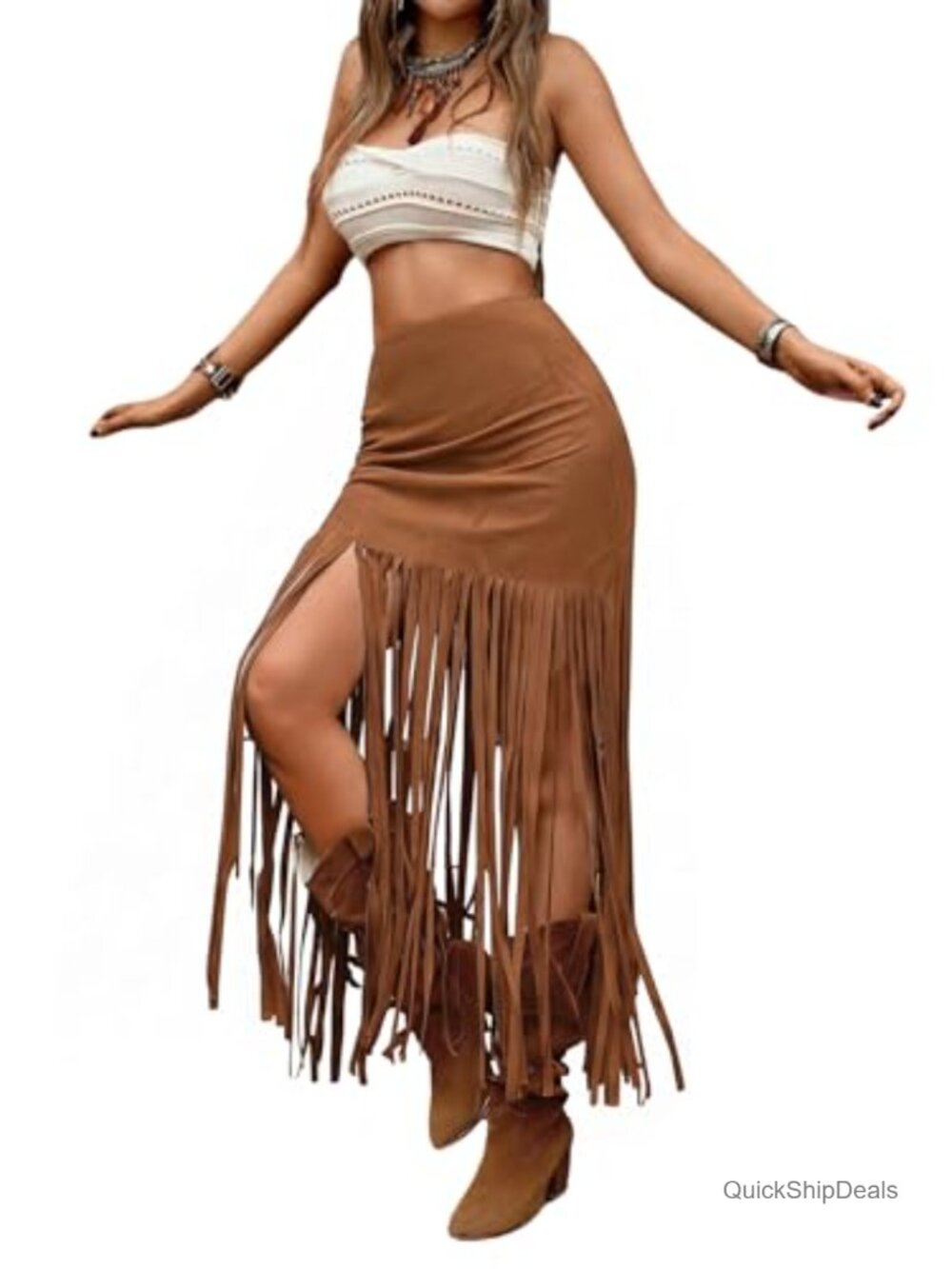 Fringe Western Maxi Skirt High Waisted Tassel Suede Long Skirt